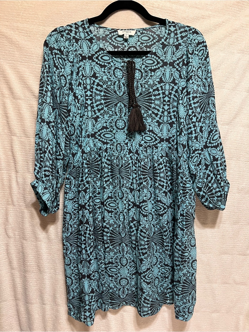 Umgee Small Boho Tunic Dress Blue Brown Medallion Print Tassel Tie Empire Waist